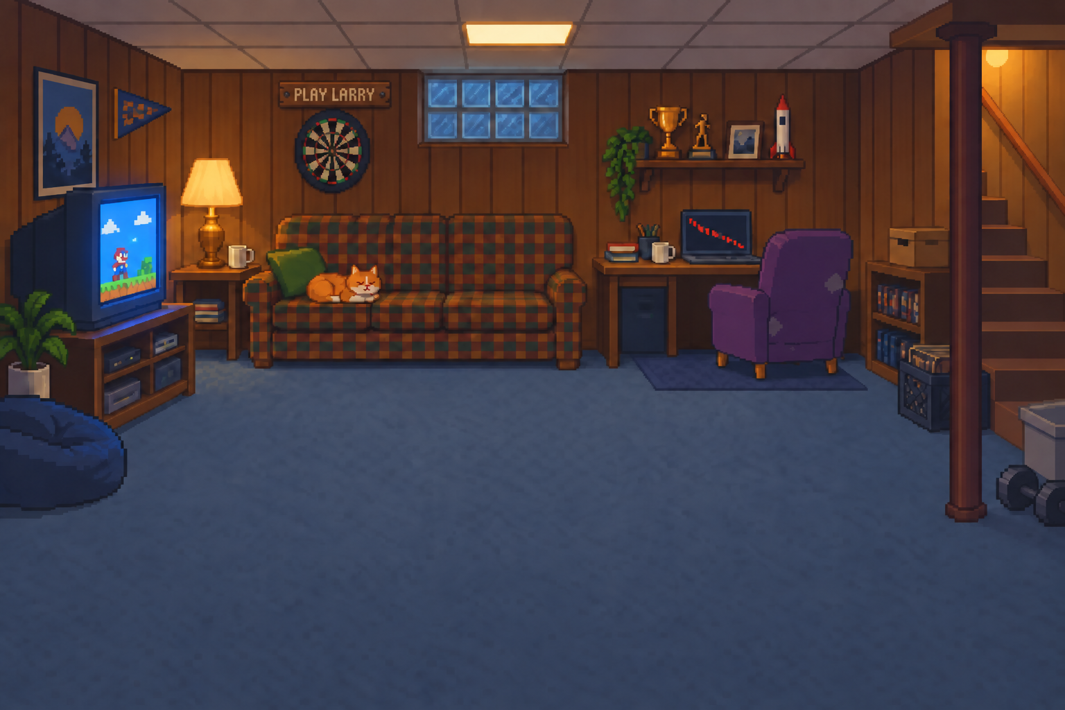 The empty basement with Wick on the plaid couch, an old CRT game and a wall dartboard. Larry is in another room.