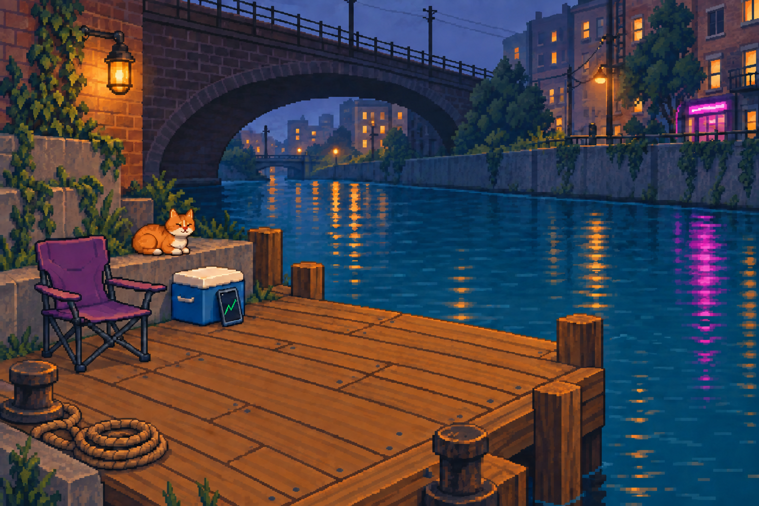 Wick waits at the quiet fishing dock beneath a brick railway bridge, with warm city lights reflected in the canal.